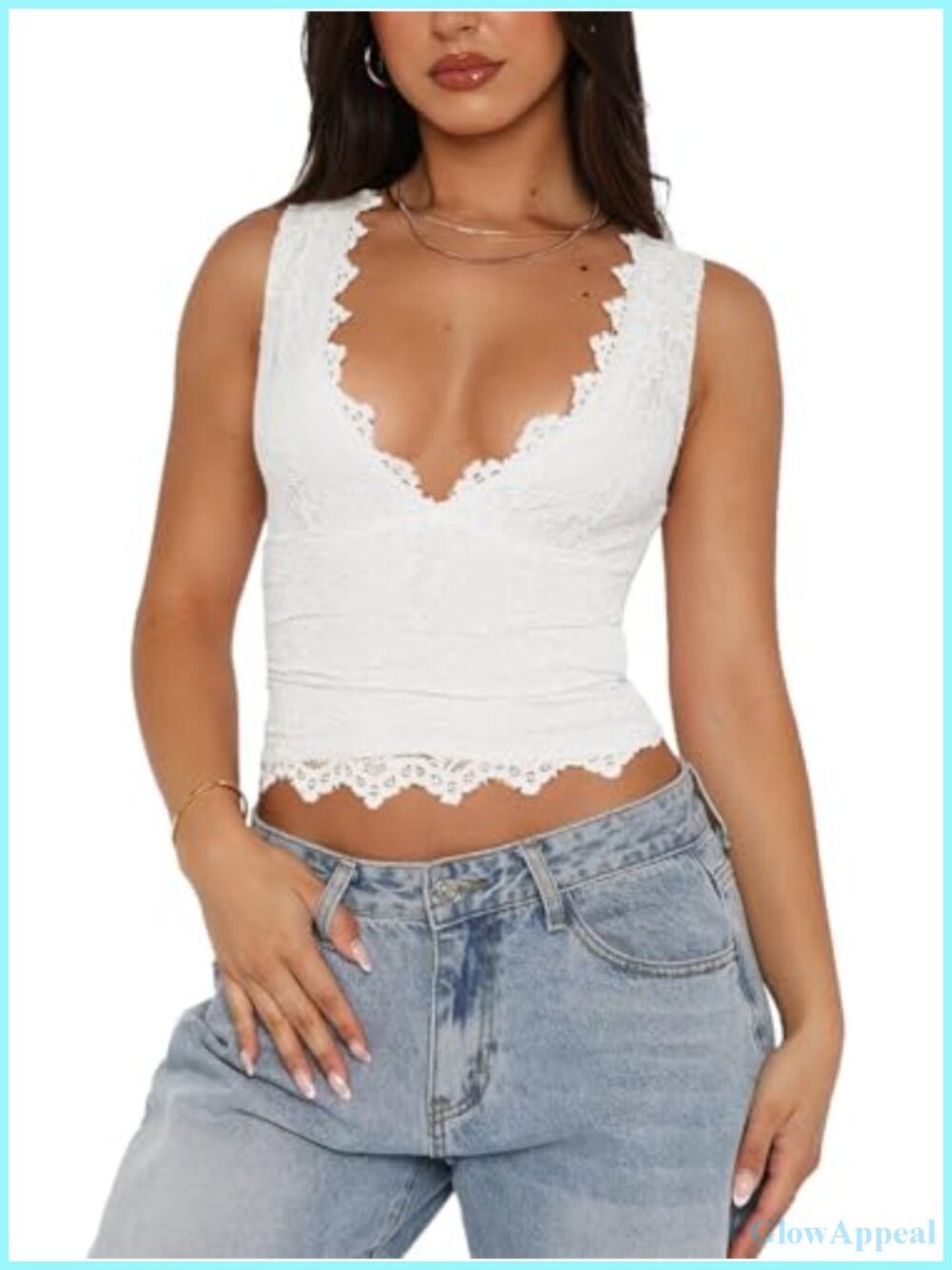 Women Sleeveless Lace Crop Top V-Neck Slim Fit Summer Tank